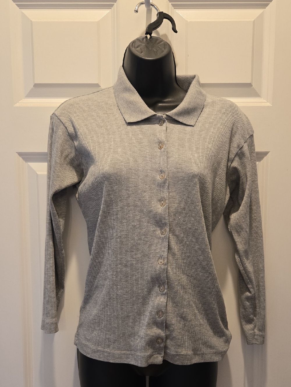 Vintage 90s Top L Gray Button Up Ribbed Long Sleeve Collared Cotton Fitted Basic